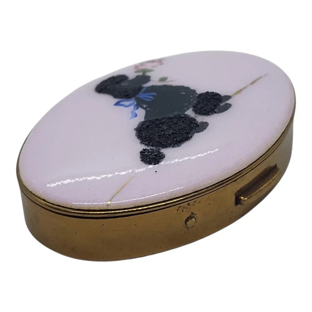Vintage Flair Fifth Avenue Pink Poodle Powder Compact Flocked Vanity Mirror RARE